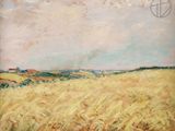une peinture à l'huile représentant un champ de blé avec le ciel en arrière-plan