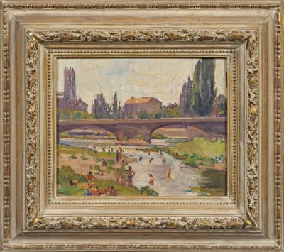une peinture à l'huile représentant un paysage fluvial avec un pont en arrière-plan