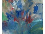 peinture abstraite représentant un bouquet de fleurs dans un vase bleu