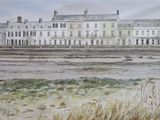 a watercolor painting of a large building on the shore
