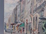 painting of a city street scene with buildings and people walking on the sidewalk