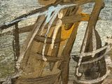 a painting of a boat and a guitar on the beach