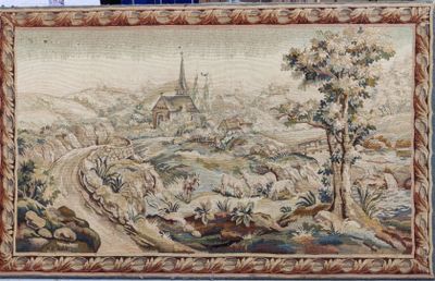 painting of a landscape with a church in the distance and a road in the foreground