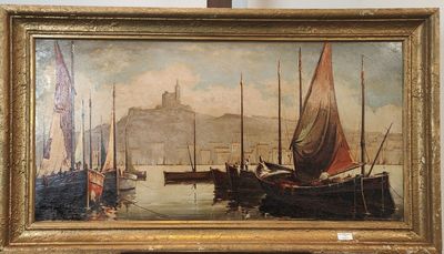 peinture de bateaux dans un port avec un château en arrière-plan