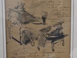 painting of a drawing of a bed with a glass of wine and a plate of food