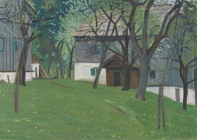 un tableau représentant une maison au milieu d'un champ verdoyant