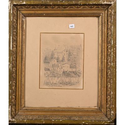 une vieille photo représentant une maison, dans un cadre doré
