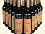 six bottles of red wine are lined up in a row