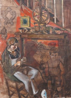 tableau représentant un homme assis sur une chaise devant un métier à filer