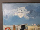 a painting of a tractor on the beach with a sky background