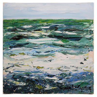 une peinture représentant une peinture d'un océan vert avec des vagues