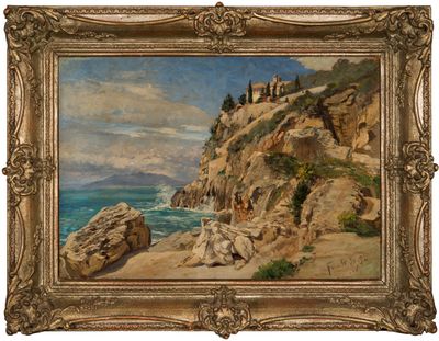an oil painting of a rocky cliff with a view of the ocean