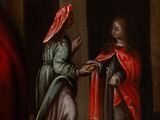 an image of a painting of a woman handing something to a man