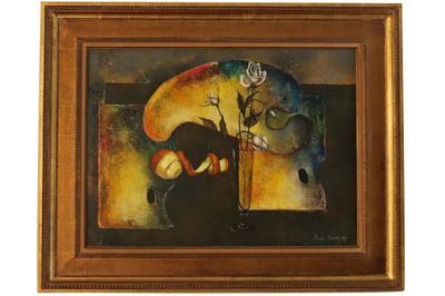 tableau représentant une nature morte avec un vase de fruits et une rose dans un vase