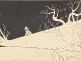 an image of a black and white drawing of a man walking down a hill