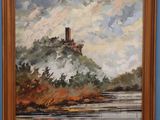 an oil painting of a castle sitting on top of a hill