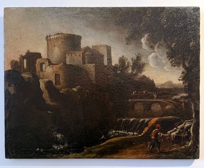 une image représentant un tableau d'un château avec un homme à cheval