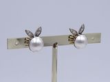 a close up of a pair of earrings on a stand