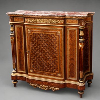 une armoire ancienne en bois avec un plateau en marbre