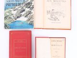 Trois livres sont posés sur une surface blanche, avec une montagne en arrière-plan.