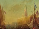 painting of boats in a harbor with a castle in the background
