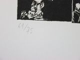 a black and white drawing of a man and a woman sitting at a table