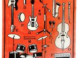 une image représentant une affiche avec des instruments de musique sur fond rouge