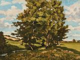 une image représentant un tableau d'un champ avec des arbres et un ruisseau