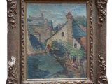 l'image d'un tableau représentant un village avec une église à l'arrière-plan