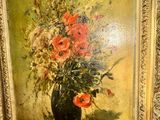 a painting of flowers in a vase on a table