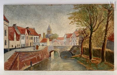 un tableau représentant un pont enjambant une rivière dans une ville