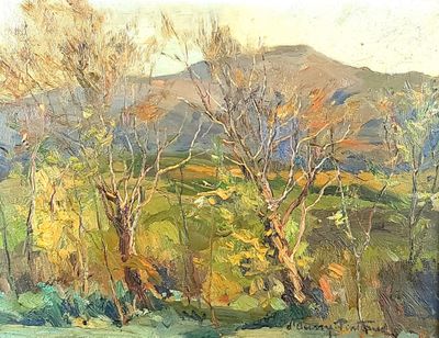 a painting of a landscape with trees and mountains in the background