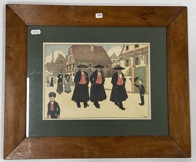 peinture d'un groupe de personnes marchant dans une rue devant un bâtiment