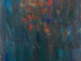 une peinture abstraite représentant des fleurs bleues et rouges sur fond blanc