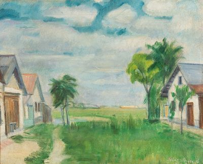 tableau représentant une ferme avec un chemin entre deux bâtiments