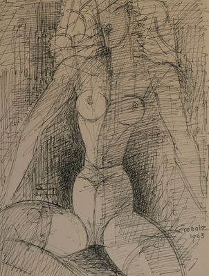 drawing of a woman sitting on a couch with her legs crossed
