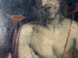 an oil painting of a man with a beard sitting on a chair