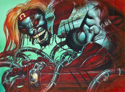 painting of a couple of clowns riding in a car