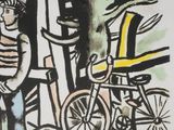 drawing of a man standing next to a child on a bike