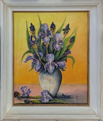a painting of purple flowers in a vase on a table