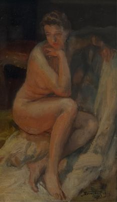 tableau représentant une femme nue assise sur une chaise, la main posée sur le menton
