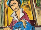 a painting of a woman holding a blue cat