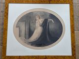 an old picture of a woman in a white dress standing in front of a fireplace