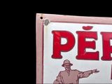 a red and white sign with a man pointing at it