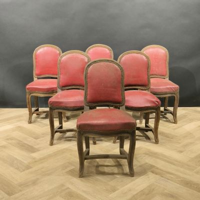 set of six antique french louis xvi style red leather dining chairs