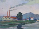 an image of a painting of a river with a factory in the background