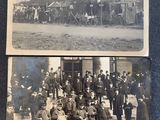 two old black and white photos of a group of people in front of a building