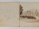 an old book with a drawing of a landscape in it