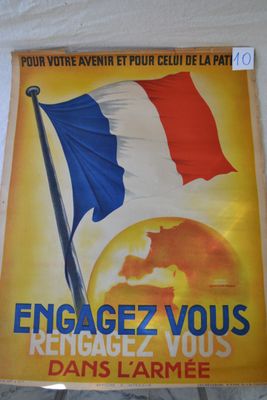 poster of a french flag flying in the wind with the sun in the background