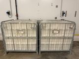 two large metal cages with plastic bags on them in a warehouse